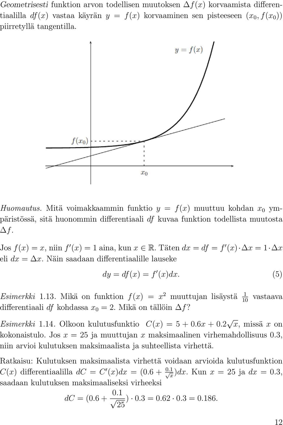 Täten dx = df = f (x) x = 1 x eli dx = x. Näin sdn differentilille luseke dy = df(x) = f (x)dx. (5) Esimerkki 1.13.