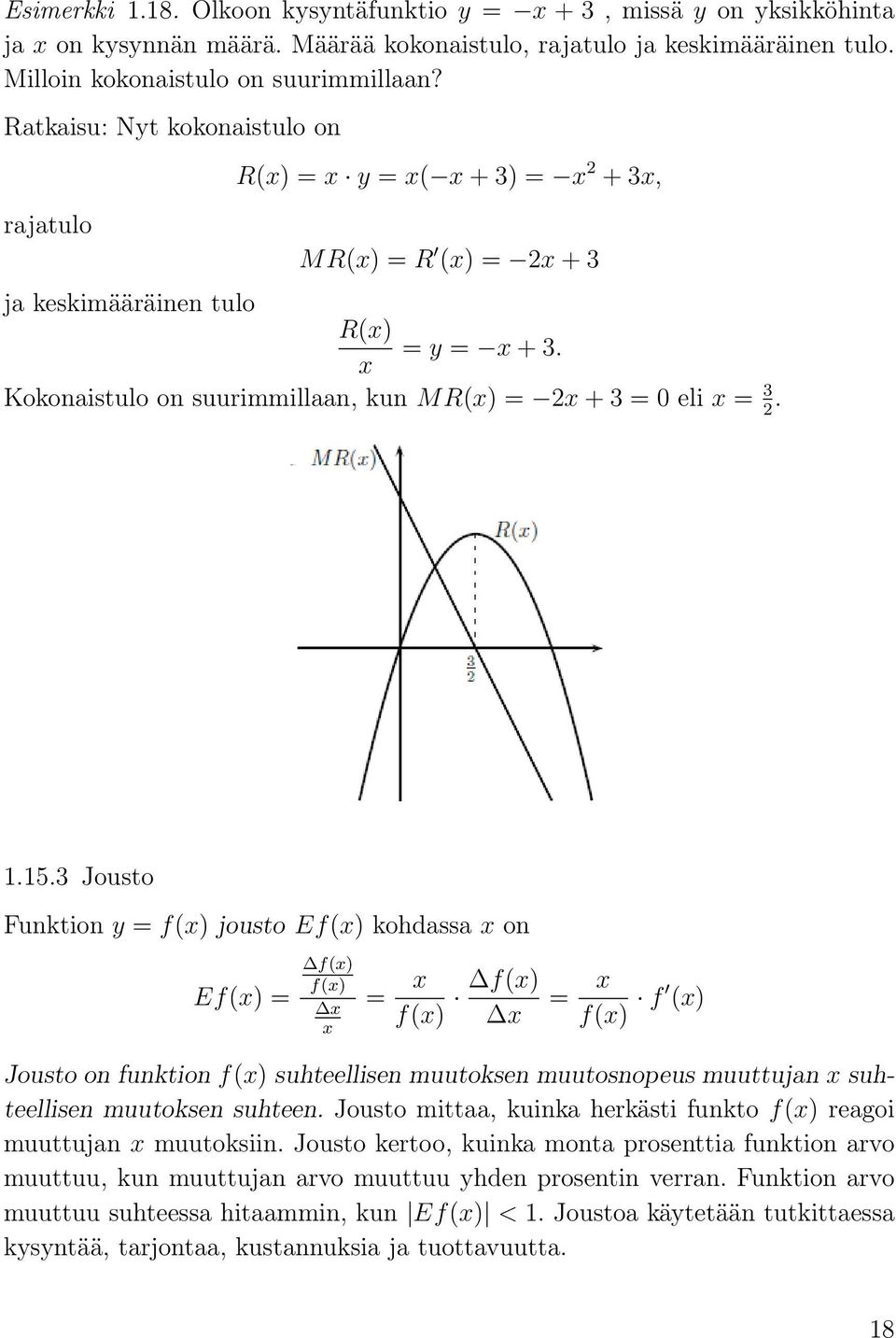 15.3 Jousto Funktion y = f(x) jousto Ef(x) kohdss x on Ef(x) = f(x) f(x) x x = x f(x) f(x) x = x f(x) f (x) Jousto on funktion f(x) suhteellisen muutoksen muutosnopeus muuttujn x suhteellisen