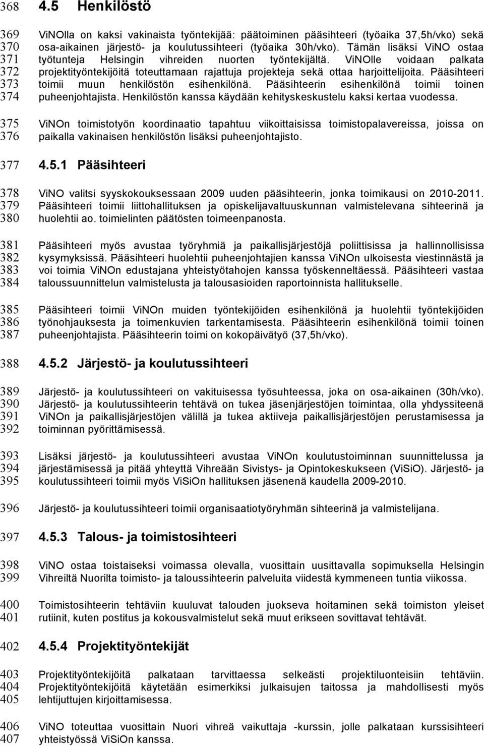 Tämän lisäksi ViNO ostaa työtunteja Helsingin vihreiden nuorten työntekijältä. ViNOlle voidaan palkata projektityöntekijöitä toteuttamaan rajattuja projekteja sekä ottaa harjoittelijoita.