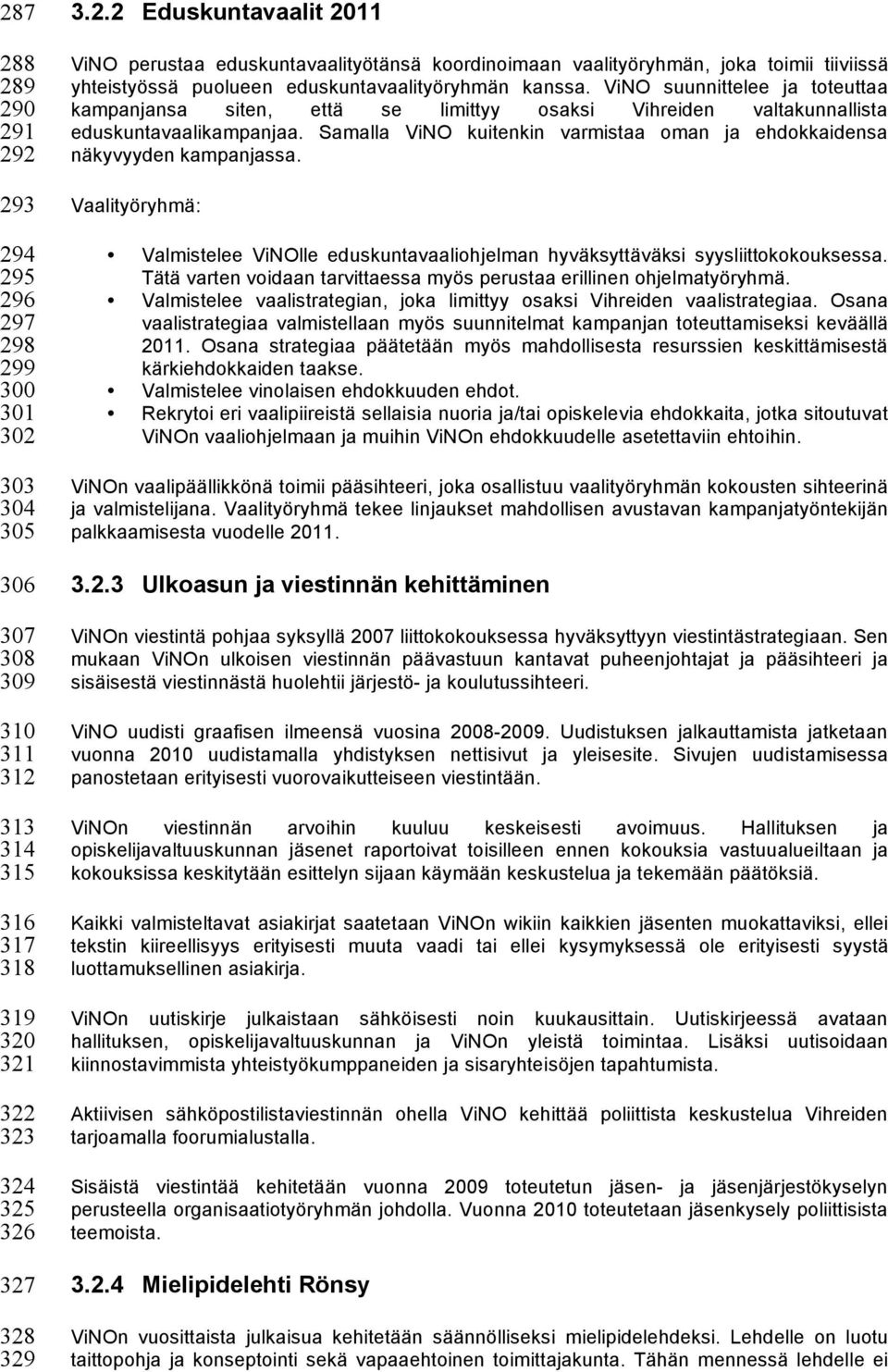 Samalla ViNO kuitenkin varmistaa oman ja ehdokkaidensa näkyvyyden kampanjassa. Vaalityöryhmä: Valmistelee ViNOlle eduskuntavaaliohjelman hyväksyttäväksi syysliittokokouksessa.