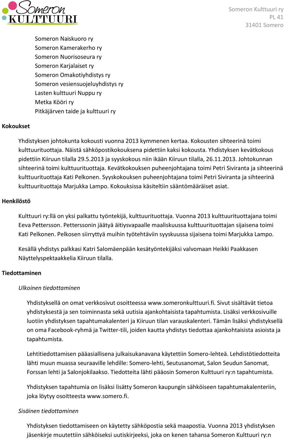 Näistä sähköpostikokouksena pidettiin kaksi kokousta. Yhdistyksen kevätkokous pidettiin Kiiruun tilalla 29.5.2013 ja syyskokous niin ikään Kiiruun tilalla, 26.11.2013. Johtokunnan sihteerinä toimi kulttuurituottaja.