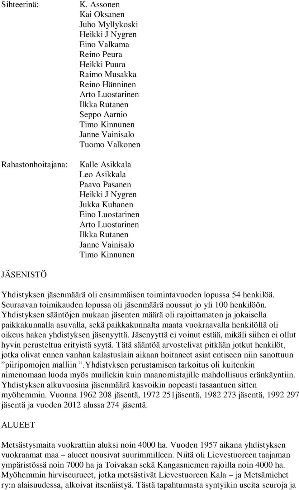 Valkonen Kalle Asikkala Leo Asikkala Paavo Pasanen Heikki J Nygren Jukka Kuhanen Eino Luostarinen Arto Luostarinen Ilkka Rutanen Janne Vainisalo Timo Kinnunen JÄSENISTÖ Yhdistyksen jäsenmäärä oli