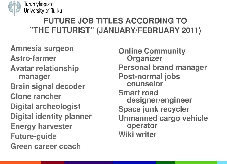 Energy harvester Future-guide Green career coach Online Community Organizer Personal brand manager