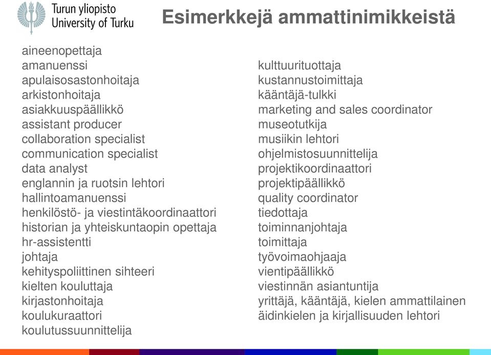 kirjastonhoitaja koulukuraattori koulutussuunnittelija kulttuurituottaja kustannustoimittaja kääntäjä-tulkki marketing and sales coordinator museotutkija musiikin lehtori ohjelmistosuunnittelija