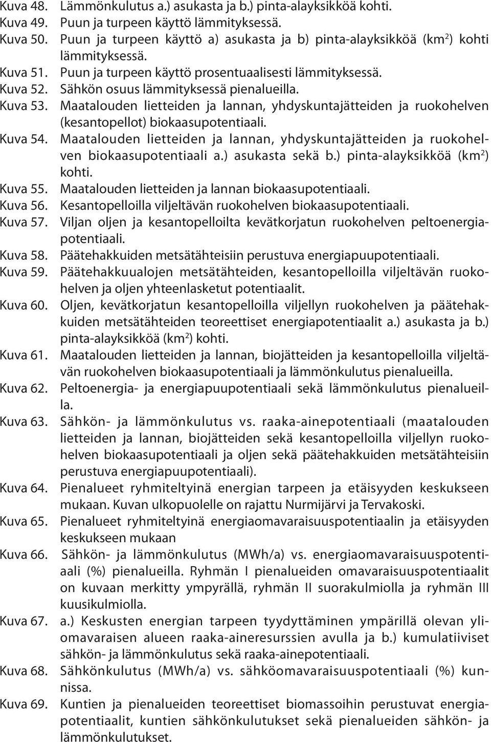 Sähkön osuus lämmityksessä pienalueilla. Kuva 53. Maatalouden lietteiden ja lannan, yhdyskuntajätteiden ja ruokohelven (kesantopellot) biokaasupotentiaali. Kuva 54.