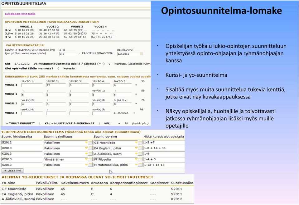 Sisältää myös muita suunnittelua tukevia kenttiä, jotka eivät näy kuvakaappauksessa