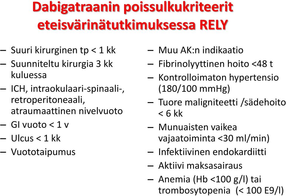 indikaatio Fibrinolyyttinen hoito <48 t Kontrolloimaton hypertensio (180/100 mmhg) Tuore maligniteetti /sädehoito < 6 kk