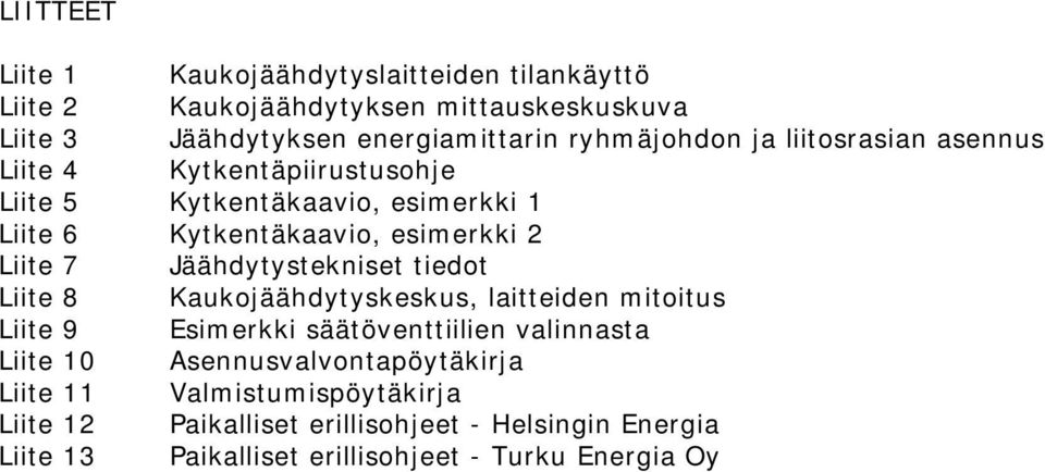 7 Jäähdytystekniset tiedot Liite 8 Kaukojäähdytyskeskus, laitteiden mitoitus Liite 9 Esimerkki säätöventtiilien valinnasta Liite 10