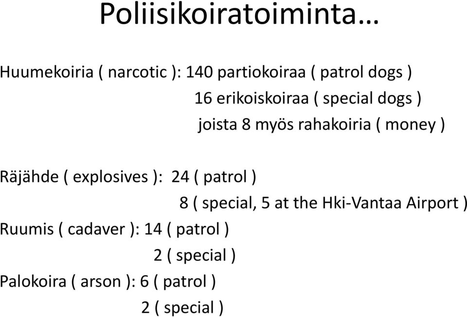 explosives ): 24 ( patrol ) 8 ( special, 5 at the Hki-Vantaa Airport ) Ruumis (