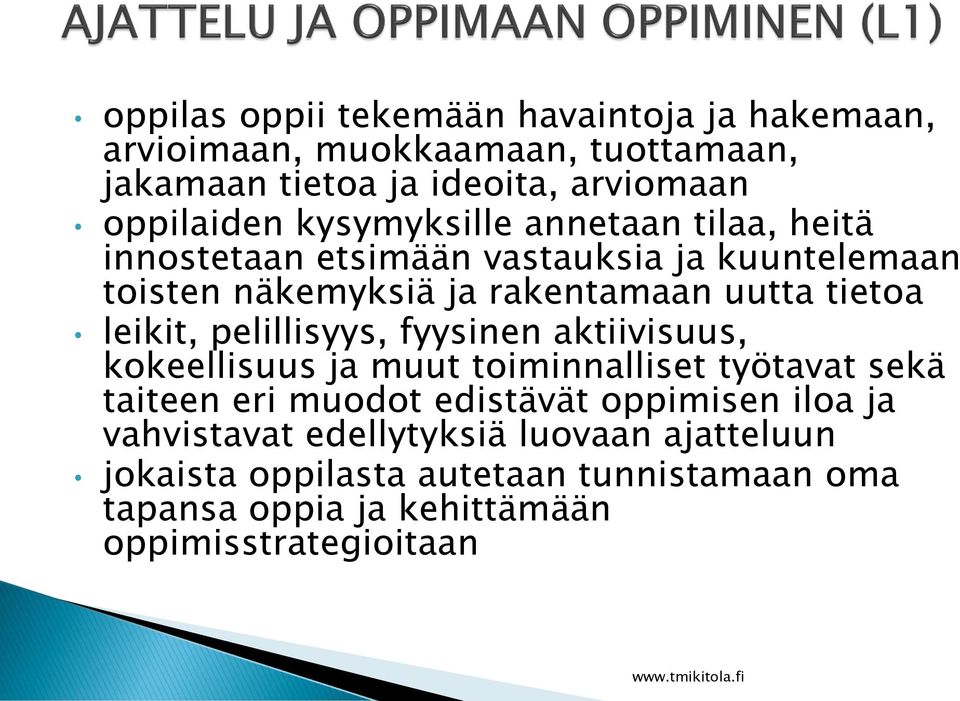 leikit, pelillisyys, fyysinen aktiivisuus, kokeellisuus ja muut toiminnalliset työtavat sekä taiteen eri muodot edistävät oppimisen