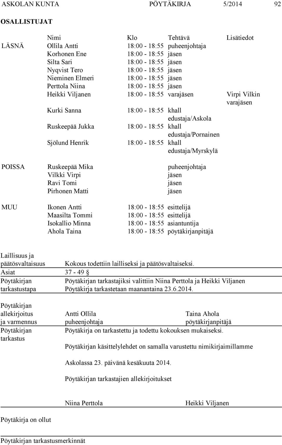 Ruskeepää Jukka 18:00-18:55 khall edustaja/pornainen Sjölund Henrik 18:00-18:55 khall edustaja/myrskylä POISSA Ruskeepää Mika puheenjohtaja Vilkki Virpi jäsen Ravi Tomi jäsen Pirhonen Matti jäsen MUU