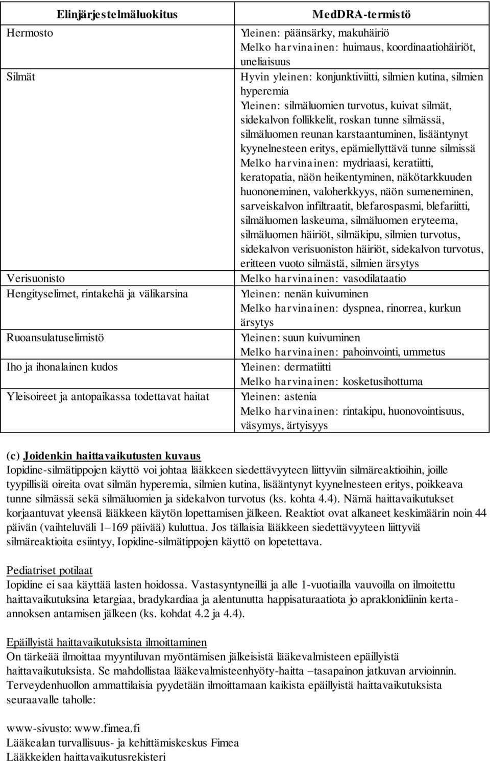 turvotus, kuivat silmät, sidekalvon follikkelit, roskan tunne silmässä, silmäluomen reunan karstaantuminen, lisääntynyt kyynelnesteen eritys, epämiellyttävä tunne silmissä Melko harvinainen: