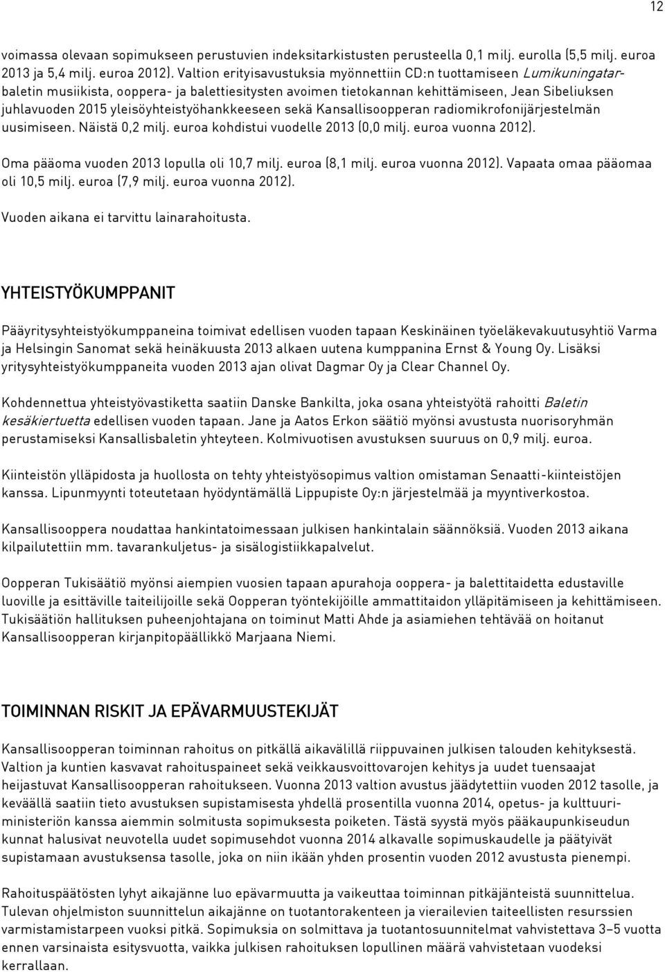 yleisöyhteistyöhankkeeseen sekä Kansallisoopperan radiomikrofonijärjestelmän uusimiseen. Näistä 0,2 milj. euroa kohdistui vuodelle 2013 (0,0 milj. euroa vuonna 2012).