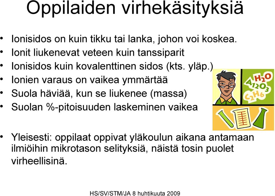 ) Ionien varaus on vaikea ymmärtää Suola häviää, kun se liukenee (massa) Suolan %-pitoisuuden