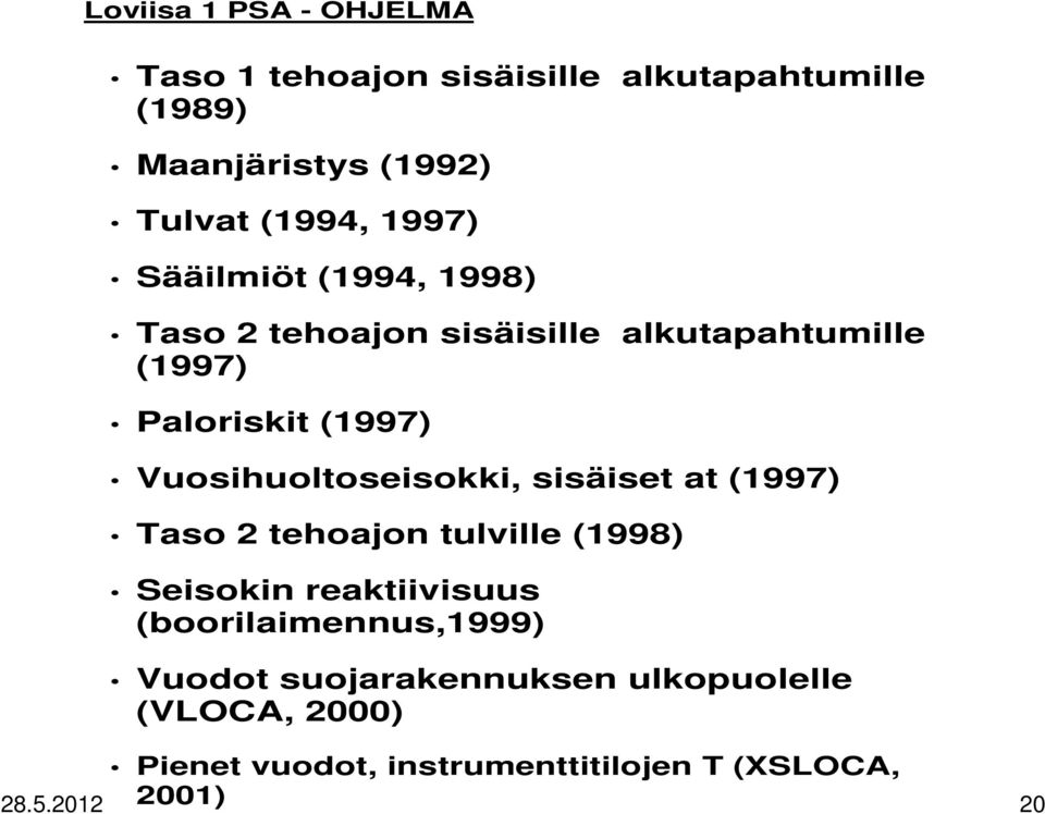 Vuosihuoltoseisokki, sisäiset at (1997) Taso 2 tehoajon tulville (1998) Seisokin reaktiivisuus