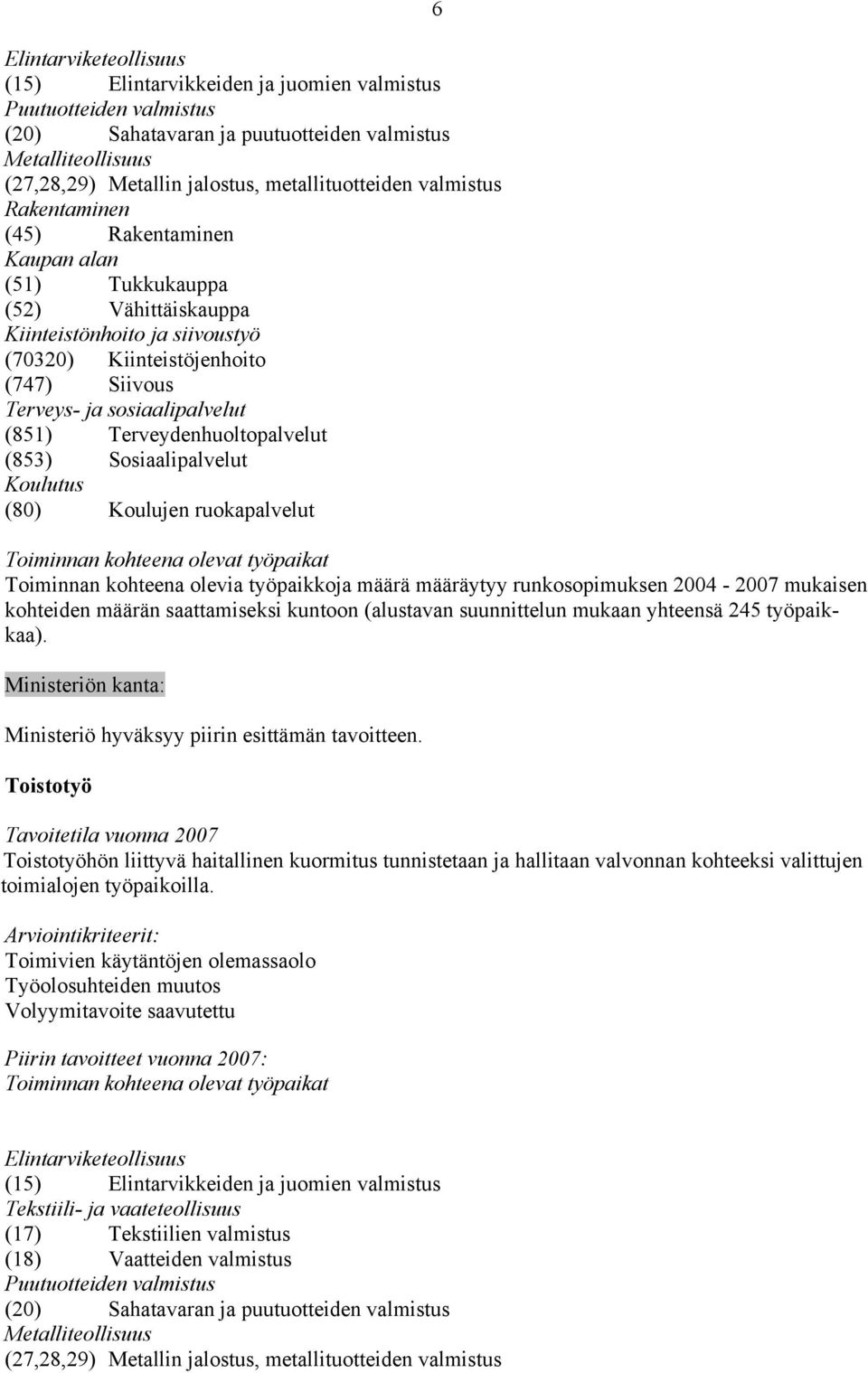 Terveydenhuoltopalvelut (853) Sosiaalipalvelut Koulutus (80) Koulujen ruokapalvelut 6 Toiminnan kohteena olevia työpaikkoja määrä määräytyy runkosopimuksen 2004-2007 mukaisen kohteiden määrän