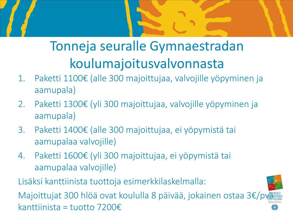 Paketti 1300 (yli 300 majoittujaa, valvojille yöpyminen ja aamupala) 3.