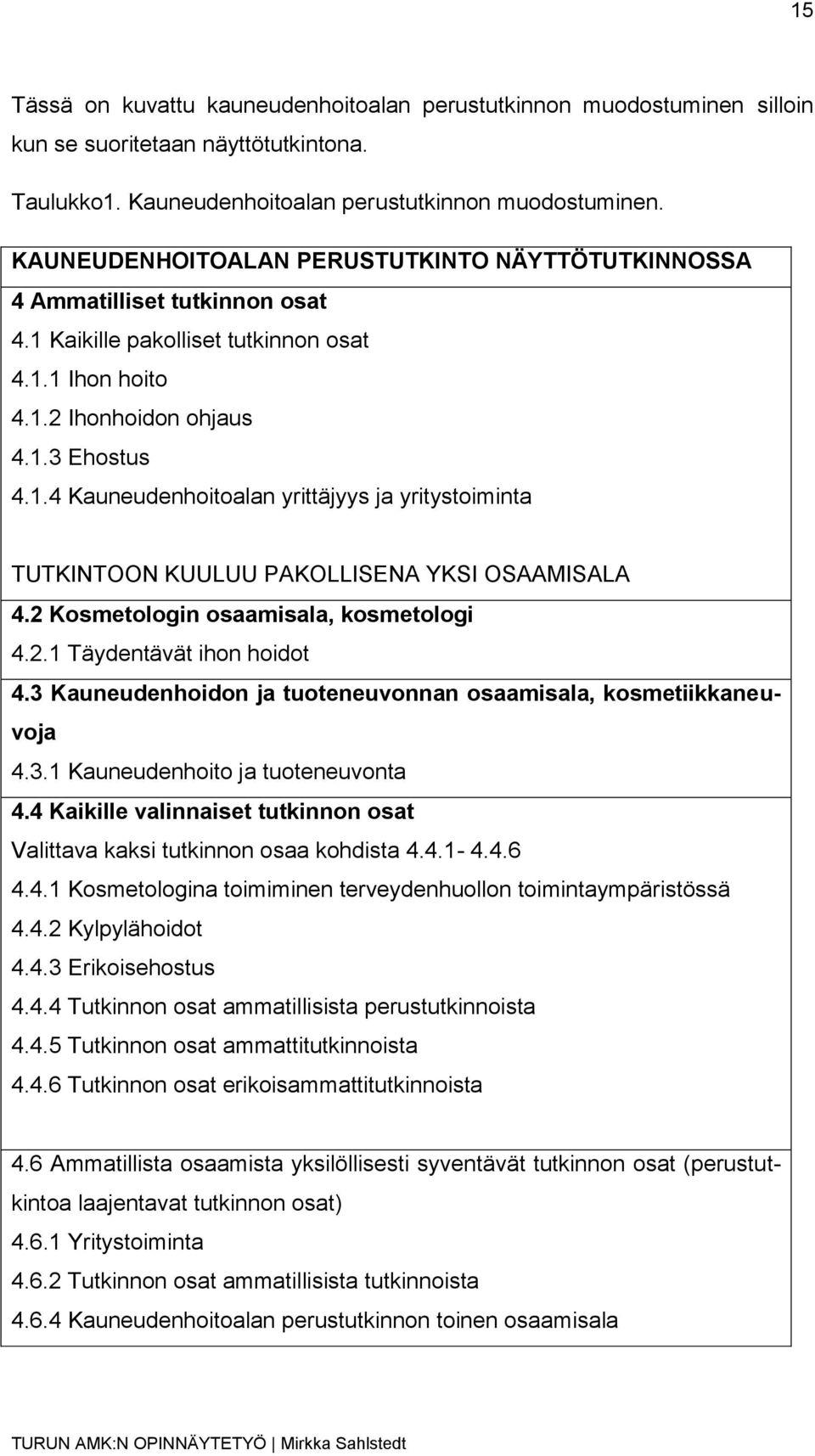 2 Kosmetologin osaamisala, kosmetologi 4.2.1 Täydentävät ihon hoidot 4.3 Kauneudenhoidon ja tuoteneuvonnan osaamisala, kosmetiikkaneuvoja 4.3.1 Kauneudenhoito ja tuoteneuvonta 4.