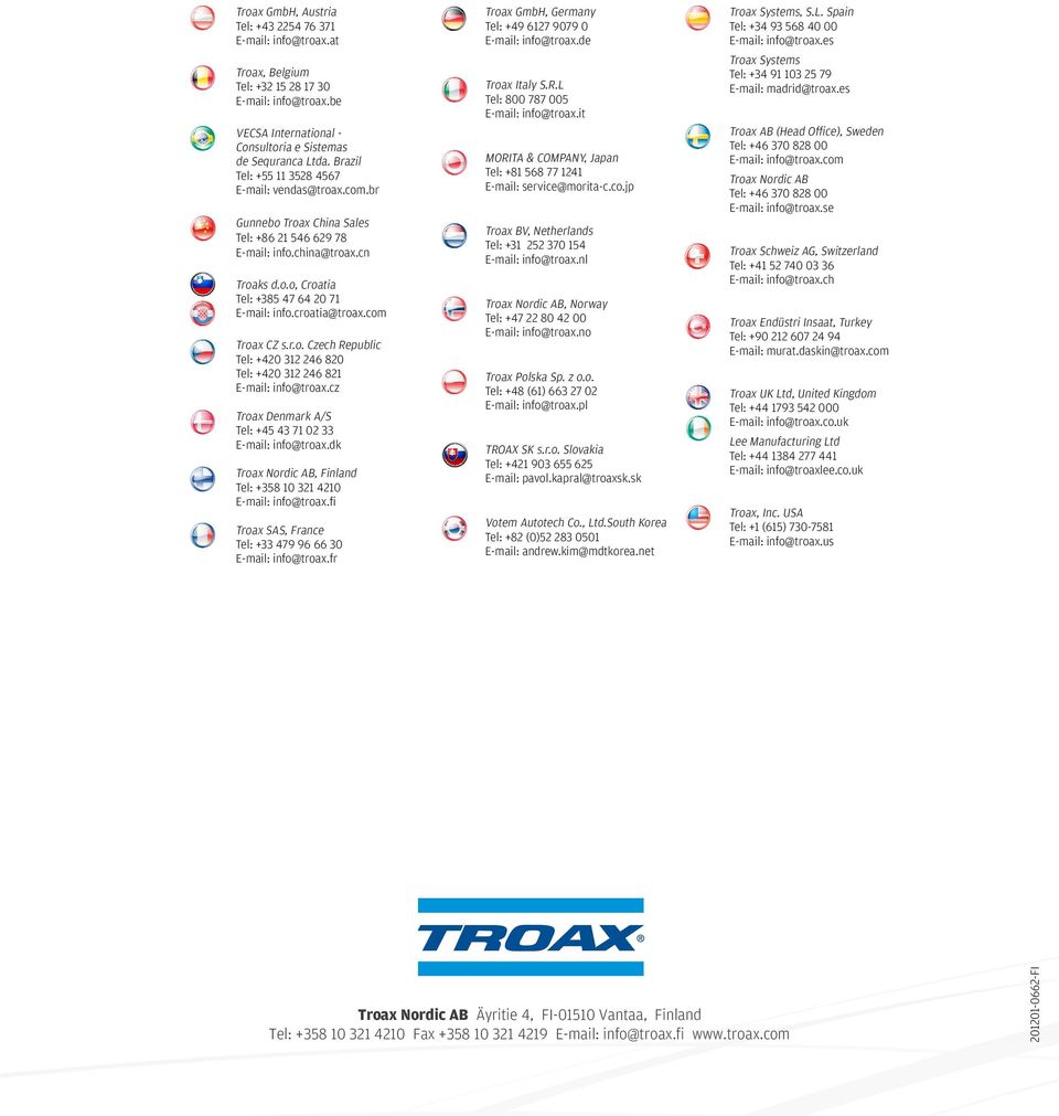 cz Troax Denmark A/S Tel: +45 43 71 02 33 E-mail: info@troax.dk Troax Nordic AB, Finland Tel: +358 10 321 4210 E-mail: info@troax.fi Troax SAS, France Tel: +33 479 96 66 30 E-mail: info@troax.
