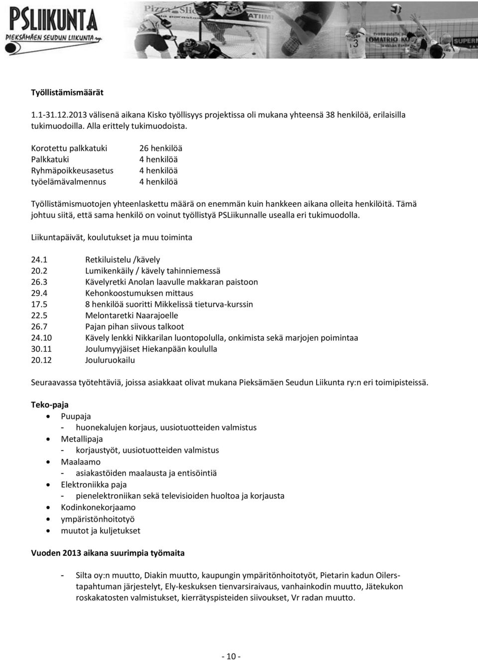 henkilöitä. Tämä johtuu siitä, että sama henkilö on voinut työllistyä PSLiikunnalle usealla eri tukimuodolla. Liikuntapäivät, koulutukset ja muu toiminta 24.1 Retkiluistelu /kävely 20.