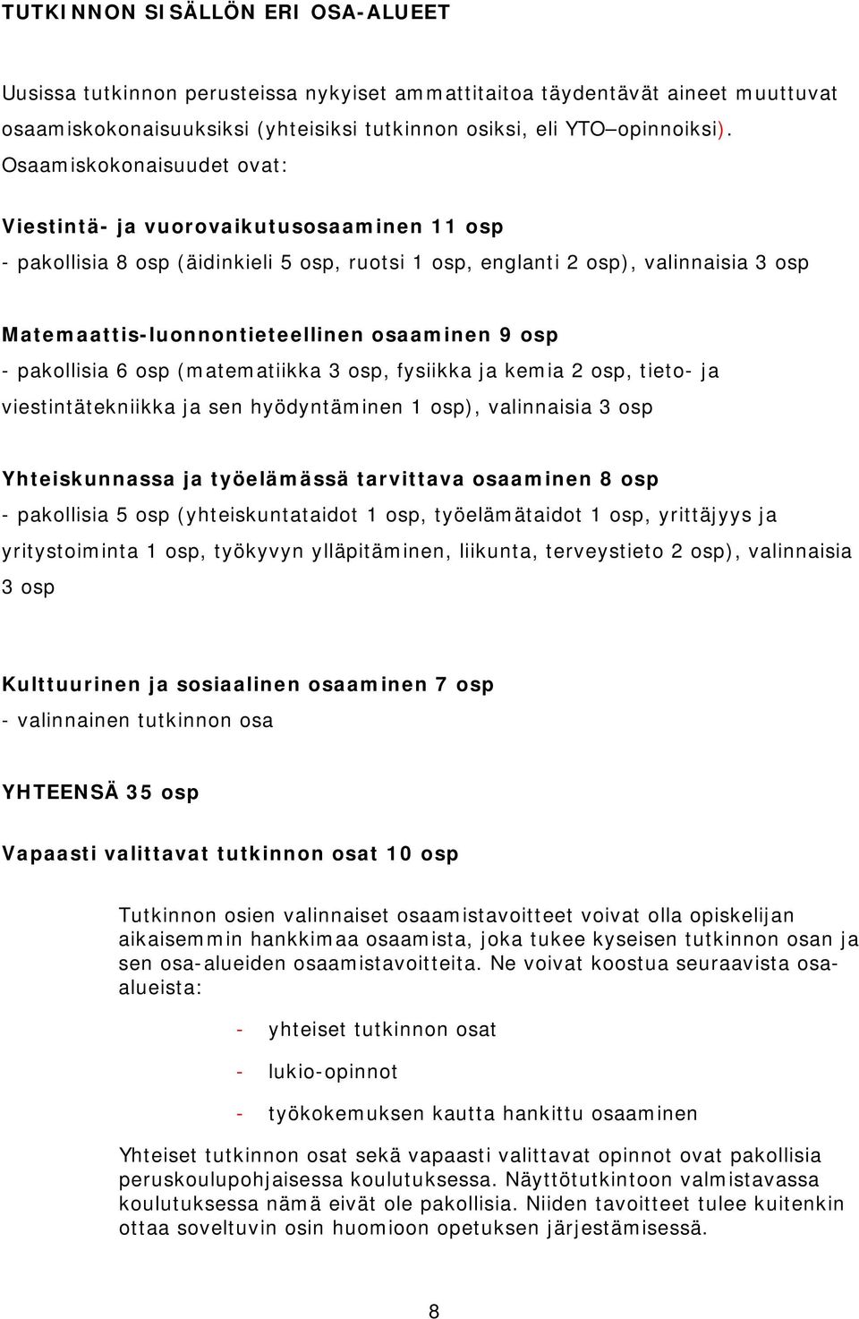 9 osp - pakollisia 6 osp (matematiikka 3 osp, fysiikka ja kemia 2 osp, tieto- ja viestintätekniikka ja sen hyödyntäminen 1 osp), valinnaisia 3 osp Yhteiskunnassa ja työelämässä tarvittava osaaminen 8