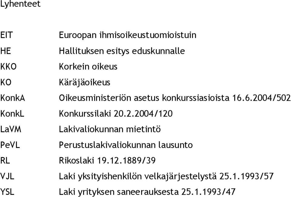 04/502 KonkL Konkurssilaki 20.2.2004/120 LaVM Lakivaliokunnan mietintö PeVL Perustuslakivaliokunnan lausunto RL Rikoslaki 19.