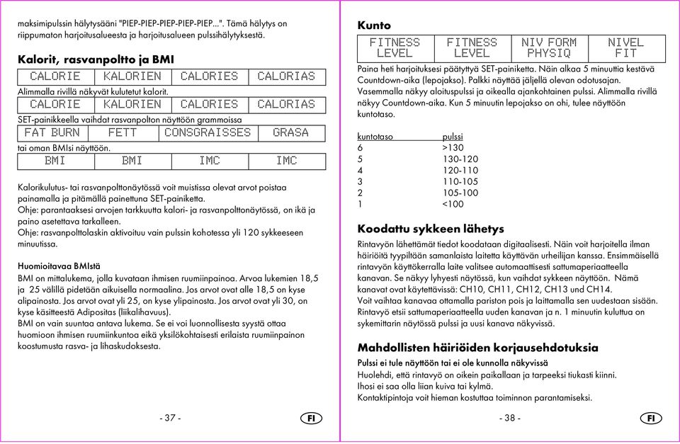 CALORIE KALORIEN CALORIES CALORIAS SET-painikkeella vaihdat rasvanpolton näyttöön grammoissa FAT BURN FETT CONSGRAISSES GRASA tai oman BMIsi näyttöön.