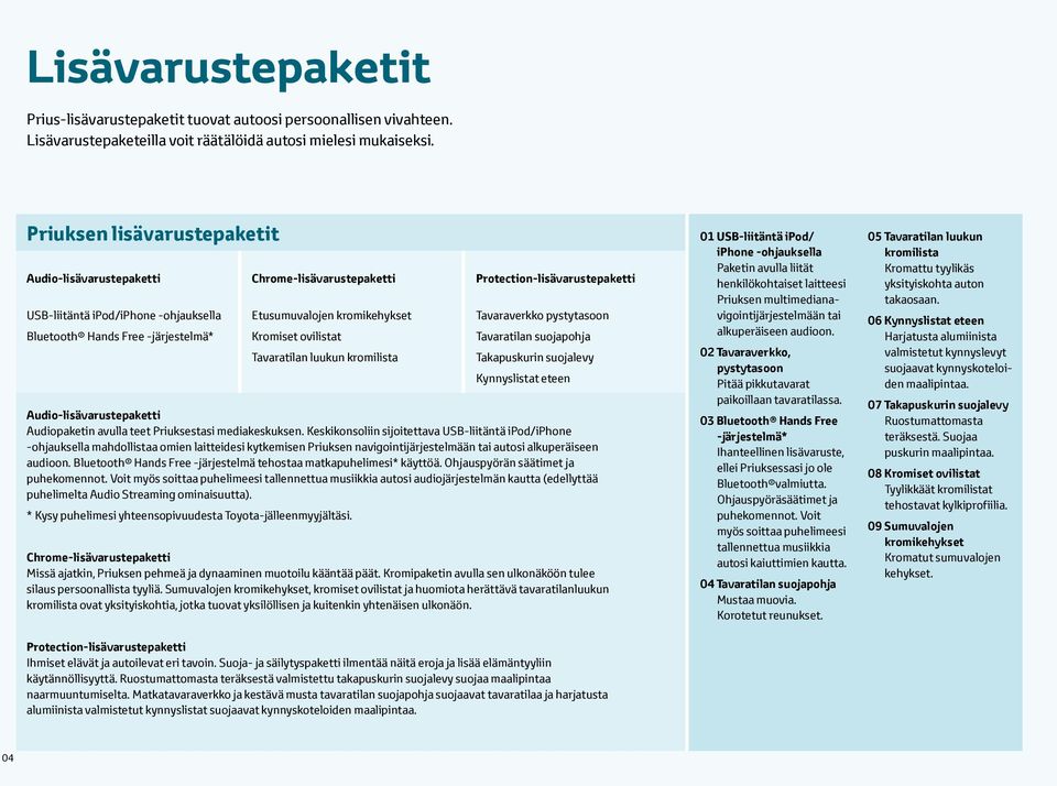 Tavaratilan luukun kromilista Protection-lisävarustepaketti Tavaraverkko pystytasoon Tavaratilan suojapohja Takapuskurin suojalevy Kynnyslistat eteen Audio-lisävarustepaketti Audiopaketin avulla teet