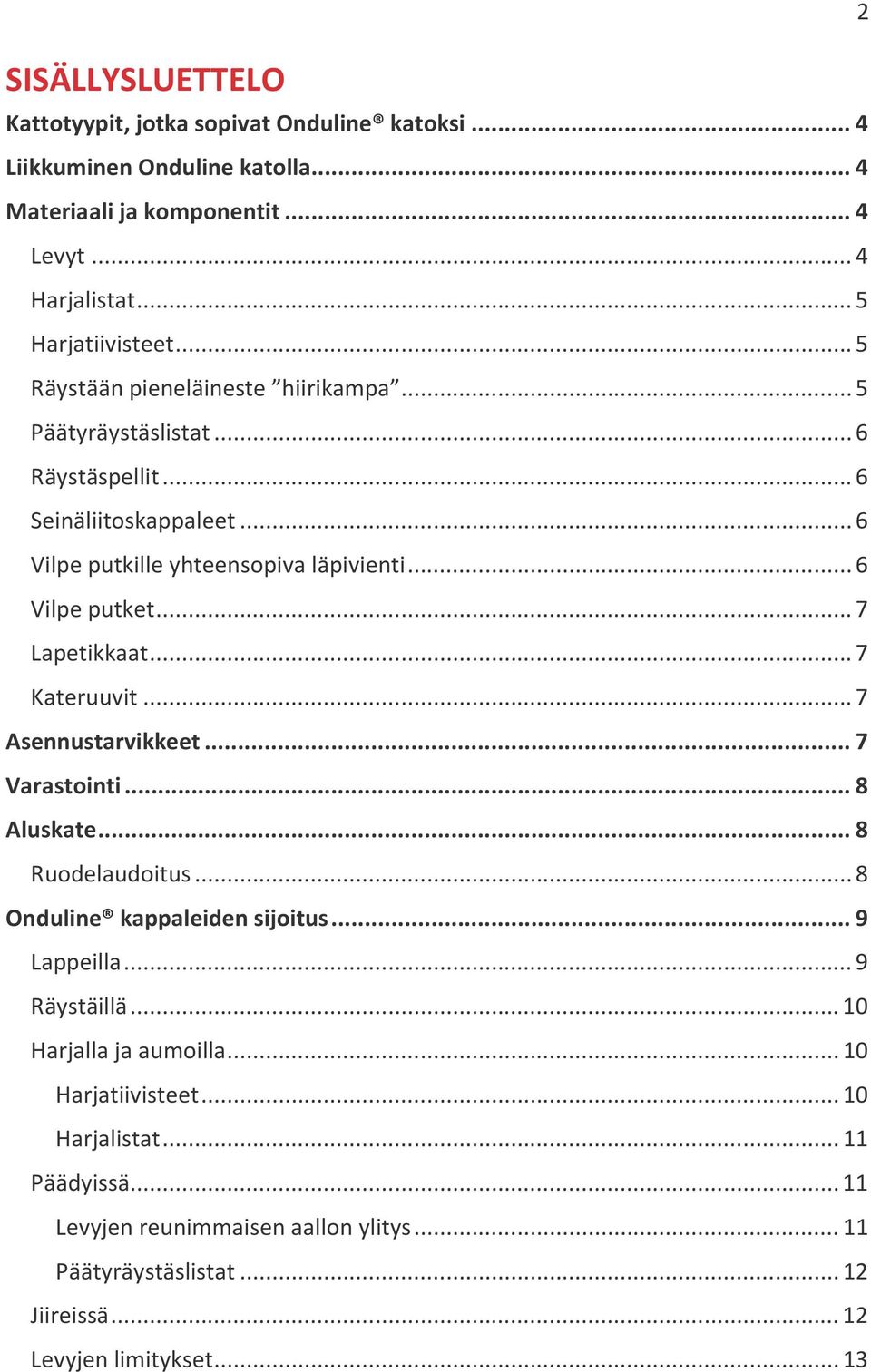 .. 7 Lapetikkaat... 7 Kateruuvit... 7 Asennustarvikkeet... 7 Varastointi... 8 Aluskate... 8 Ruodelaudoitus... 8 Onduline kappaleiden sijoitus... 9 Lappeilla... 9 Räystäillä.