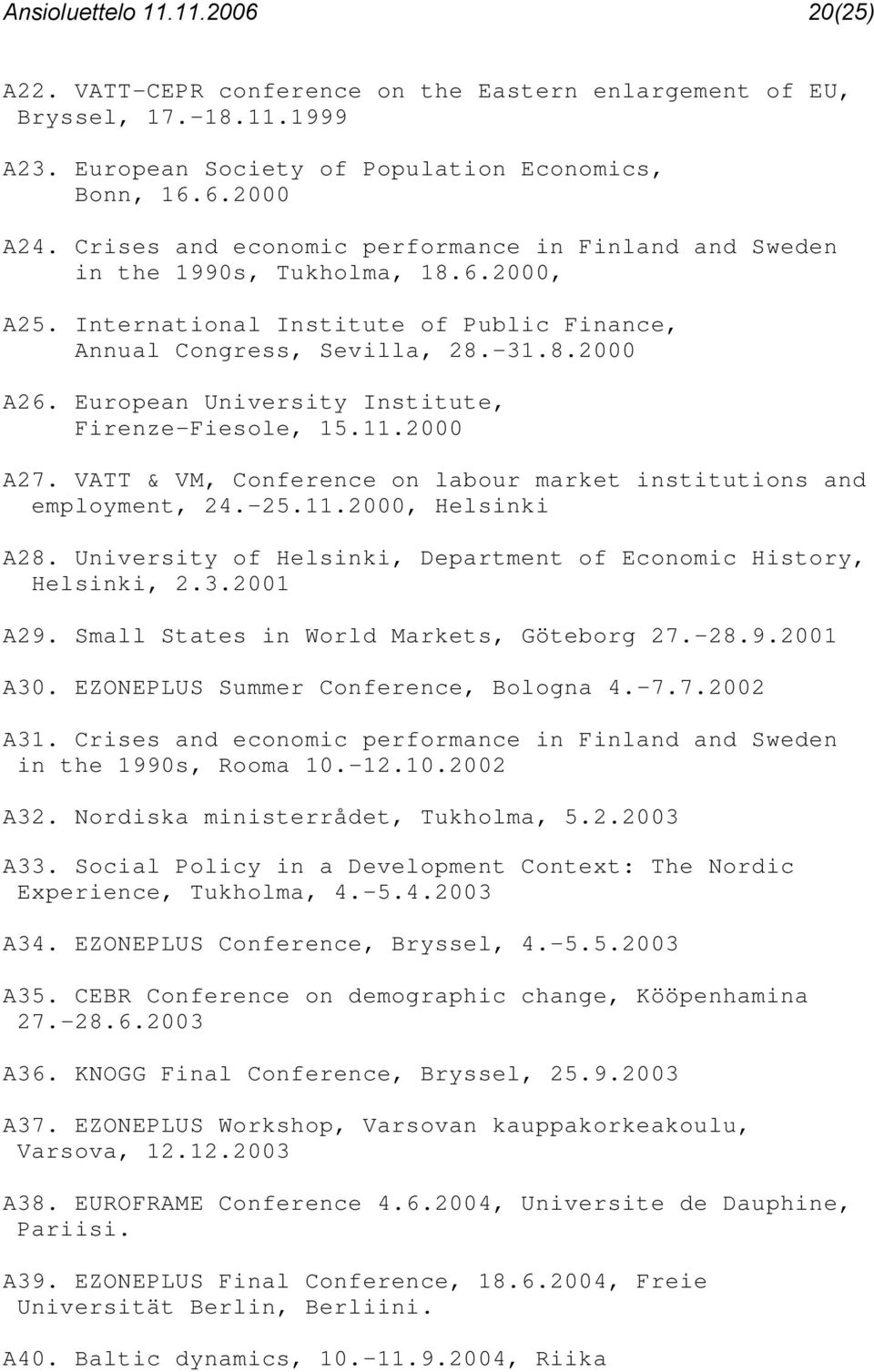 European University Institute, Firenze-Fiesole, 15.11.2000 A27. VATT & VM, Conference on labour market institutions and employment, 24.-25.11.2000, Helsinki A28.