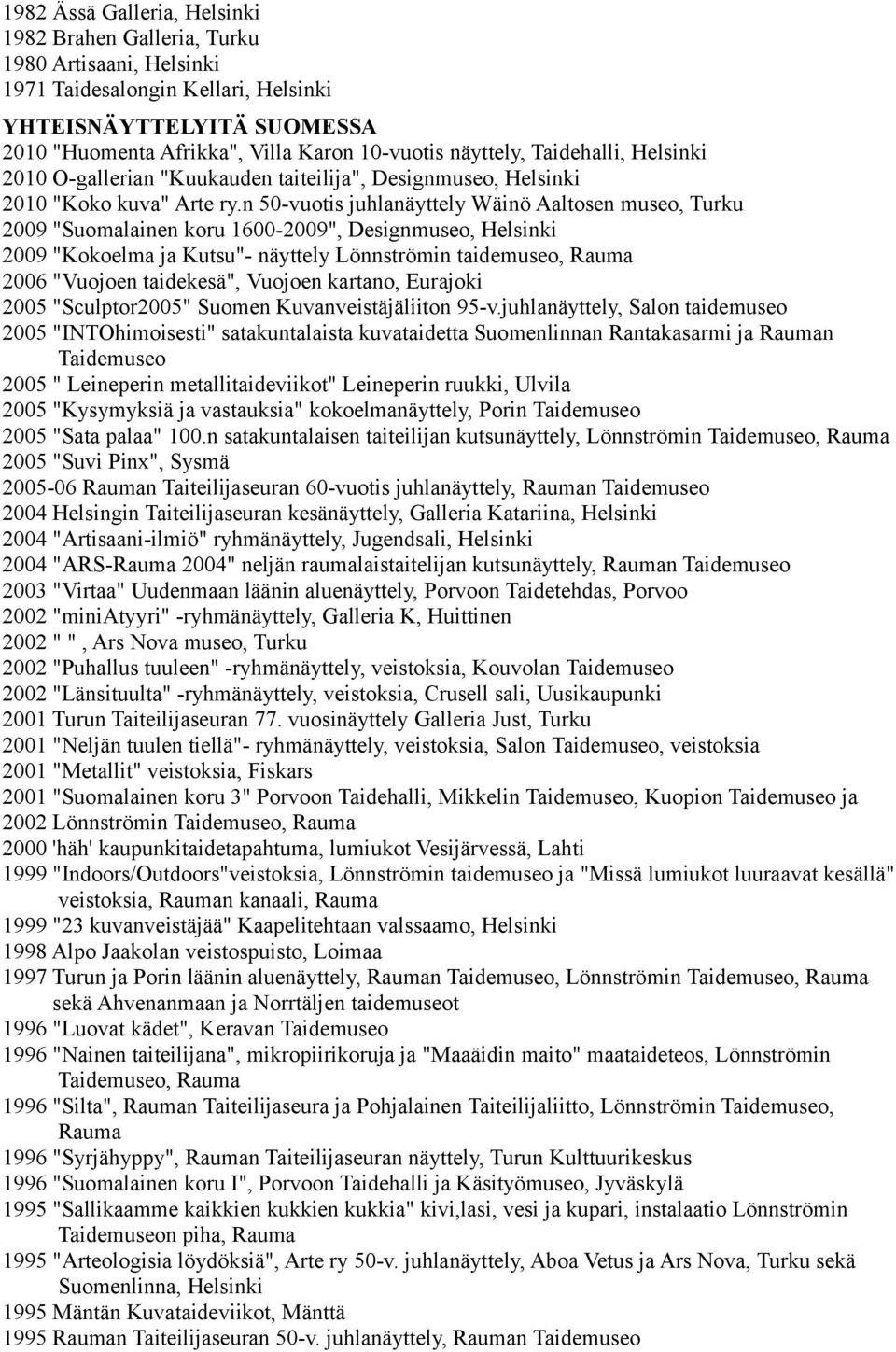 n 50-vuotis juhlanäyttely Wäinö Aaltosen museo, Turku 2009 "Suomalainen koru 1600-2009", Designmuseo, Helsinki 2009 "Kokoelma ja Kutsu"- näyttely Lönnströmin taidemuseo, Rauma 2006 "Vuojoen