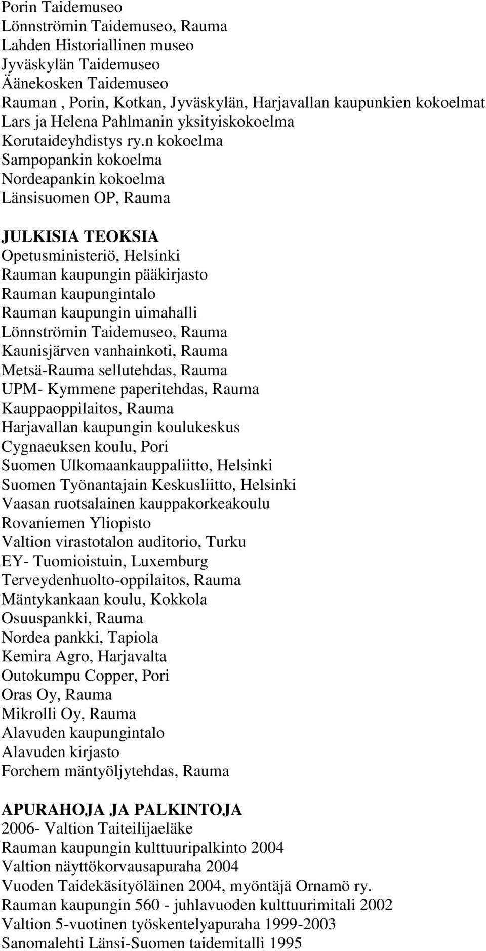 n kokoelma Sampopankin kokoelma Nordeapankin kokoelma Länsisuomen OP, Rauma JULKISIA TEOKSIA Opetusministeriö, Helsinki Rauman kaupungin pääkirjasto Rauman kaupungintalo Rauman kaupungin uimahalli