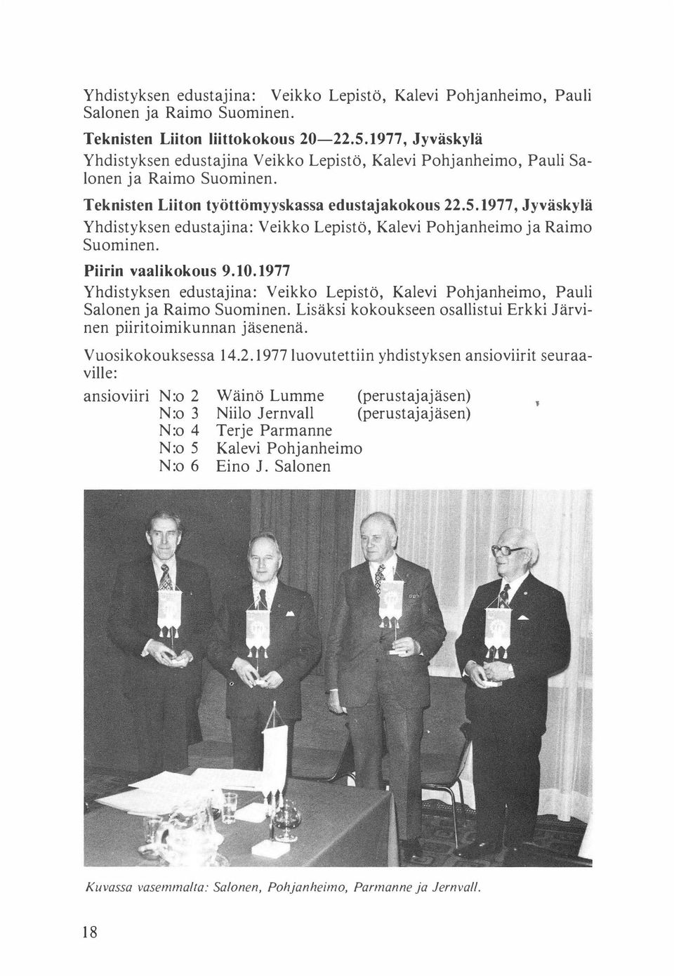 1977, Jyväskylä Yhdistyksen edustajina: Veikko Lepistö, Kalevi Pohjanheimo ja Raimo Suominen. Piirin vaalikokous 9.10.