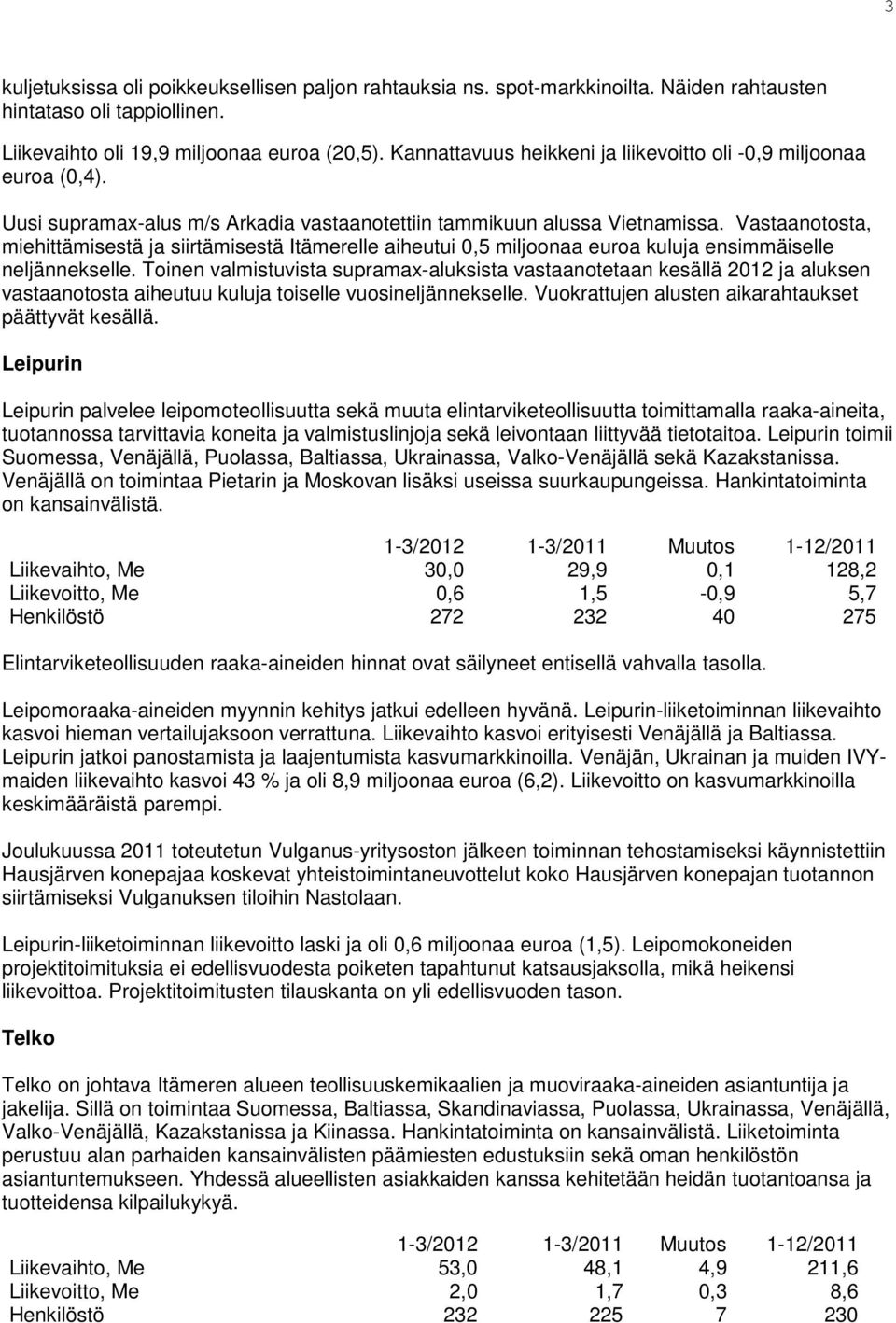 Vastaanotosta, miehittämisestä ja siirtämisestä Itämerelle aiheutui 0,5 miljoonaa euroa kuluja ensimmäiselle neljännekselle.