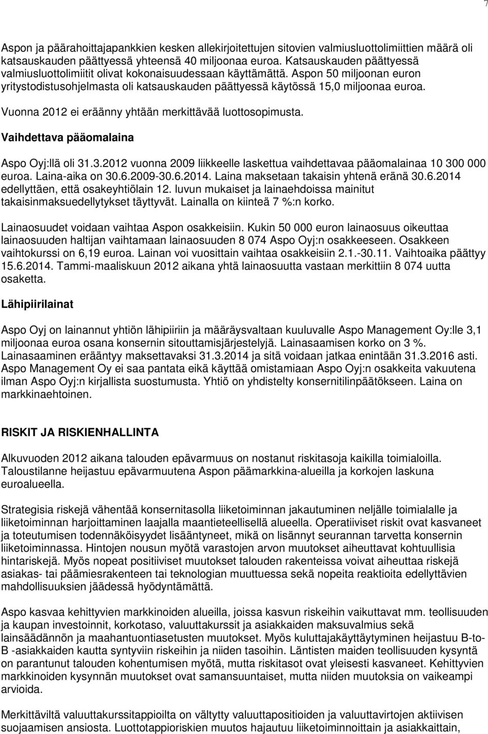 Vuonna 2012 ei eräänny yhtään merkittävää luottosopimusta. Vaihdettava pääomalaina Aspo Oyj:llä oli 31.3.2012 vuonna 2009 liikkeelle laskettua vaihdettavaa pääomalainaa 10 300 000 euroa.