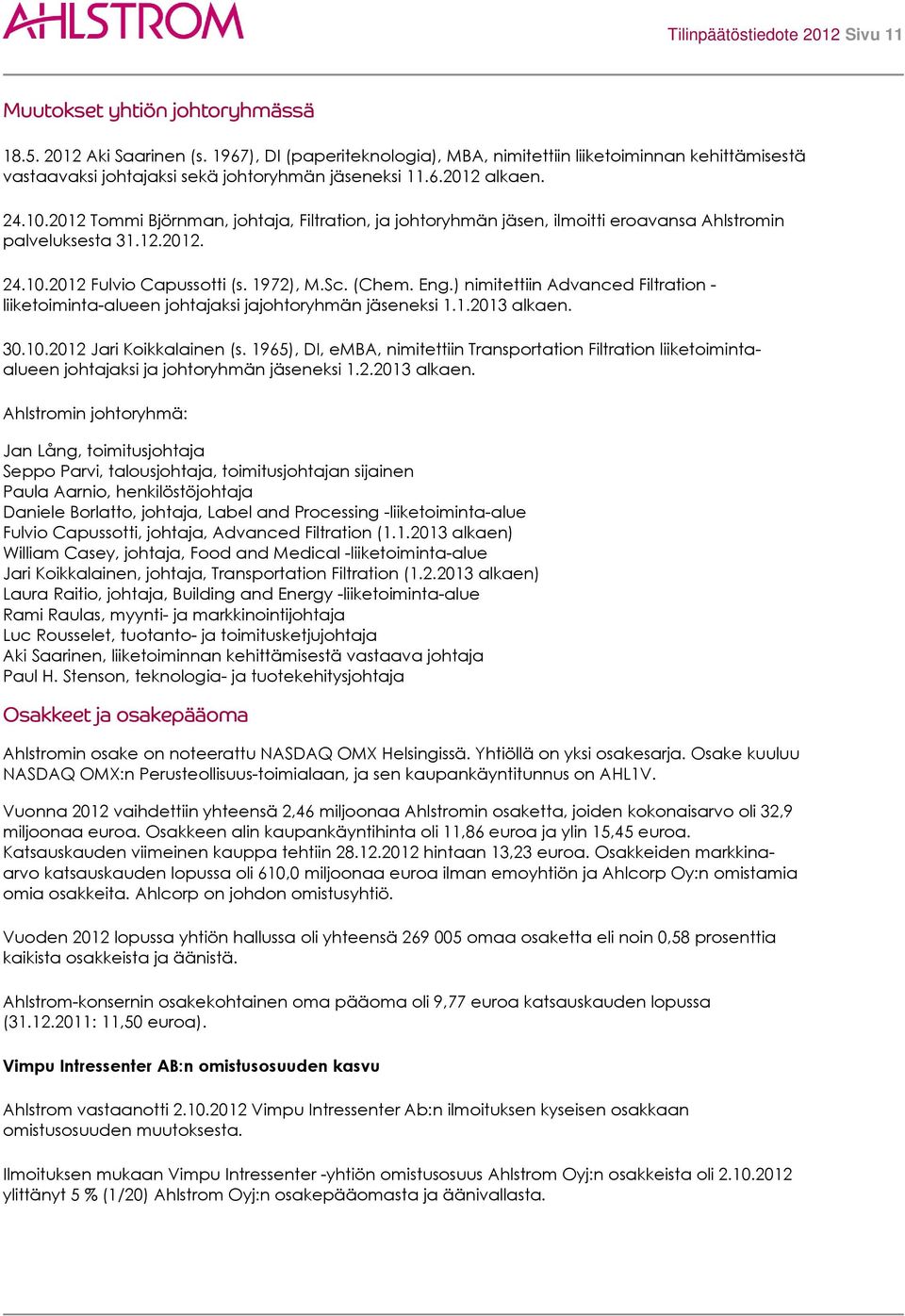 2012 Tommi Björnman, johtaja, Filtration, ja johtoryhmän jäsen, ilmoitti eroavansa Ahlstromin palveluksesta 31.12.2012. 24.10.2012 Fulvio Capussotti (s. 1972), M.Sc. (Chem. Eng.
