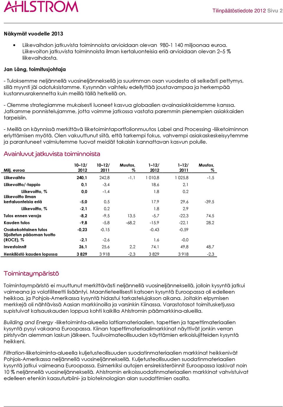 Jan Lång, toimitusjohtaja - Tuloksemme neljännellä vuosineljänneksellä ja suurimman osan vuodesta oli selkeästi pettymys, sillä myynti jäi odotuksistamme.