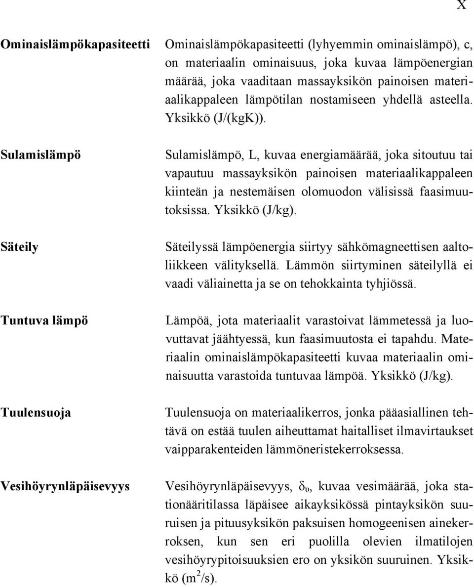 Sulamislämpö Säteily Tuntuva lämpö Tuulensuoja Vesihöyrynläpäisevyys Sulamislämpö, L, kuvaa energiamäärää, joka sitoutuu tai vapautuu massayksikön painoisen materiaalikappaleen kiinteän ja