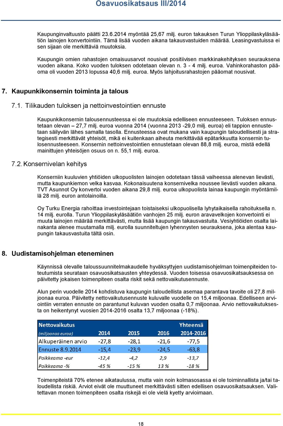 Koko vuoden tuloksen odotetaan olevan n. 3-4 milj. euroa. Vahinkorahaston pääoma oli vuoden 2013 lopussa 40,6 milj. euroa. Myös lahjoitusrahastojen pääomat nousivat. 7.