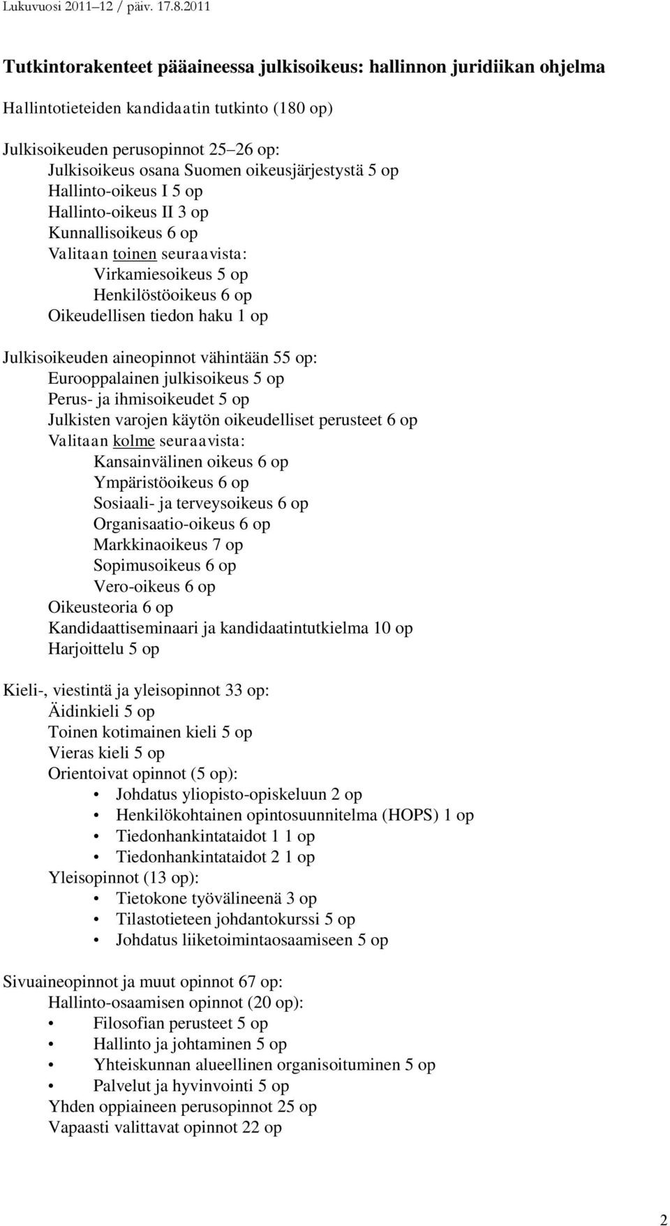 Julkisoikeuden aineopinnot vähintään 55 op: Eurooppalainen julkisoikeus 5 op Perus- ja ihmisoikeudet 5 op Julkisten varojen käytön oikeudelliset perusteet 6 op Valitaan kolme seuraavista: