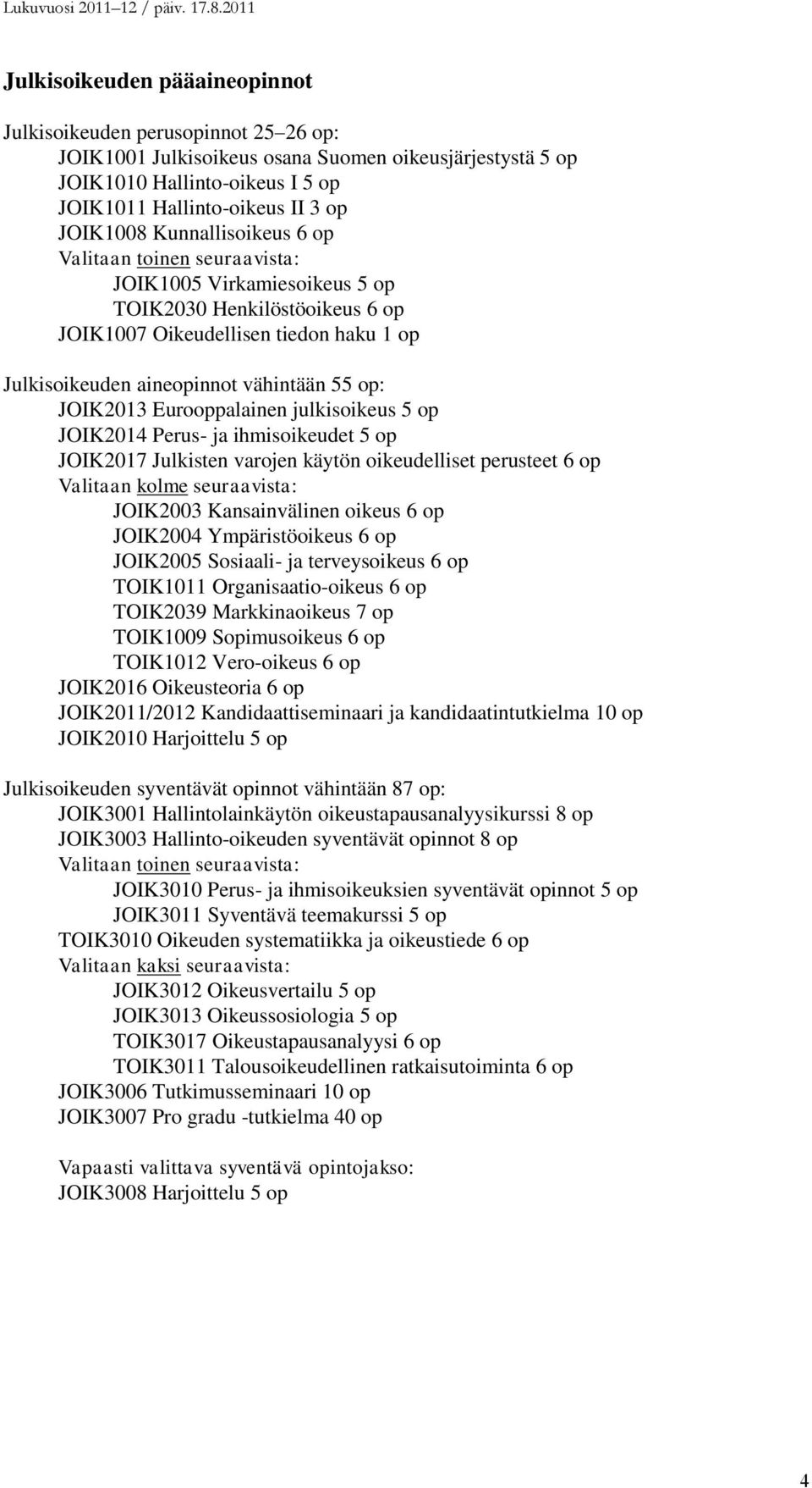 JOIK2013 Eurooppalainen julkisoikeus 5 op JOIK2014 Perus- ja ihmisoikeudet 5 op JOIK2017 Julkisten varojen käytön oikeudelliset perusteet 6 op Valitaan kolme seuraavista: JOIK2003 Kansainvälinen