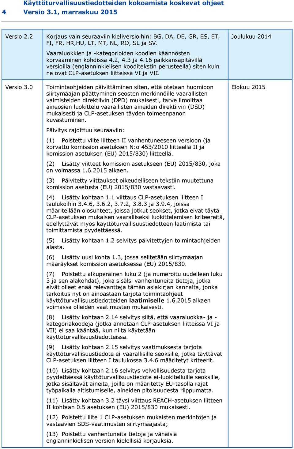 16 paikkansapitävillä versioilla (englanninkielisen kooditekstin perusteella) siten kuin ne ovat CLP-asetuksen liitteissä VI ja VII.