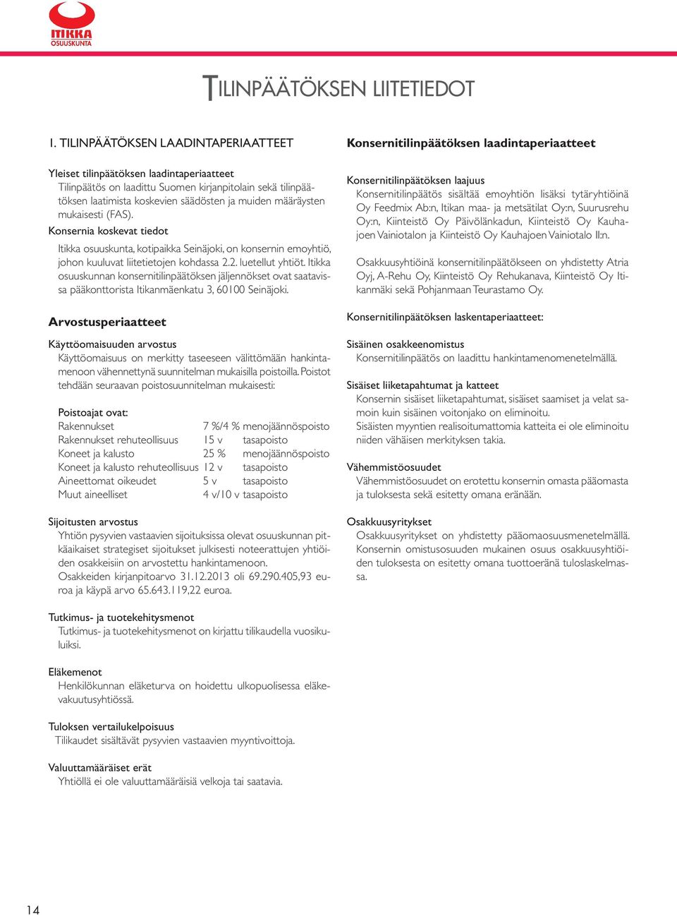 mukaisesti (FAS). Konsernia koskevat tiedot Itikka osuuskunta, kotipaikka Seinäjoki, on konsernin emoyhtiö, johon kuuluvat liitetietojen kohdassa 2.2. luetellut yhtiöt.