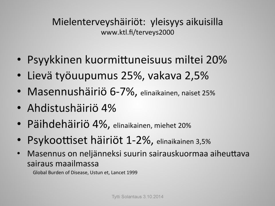 6-7%, elinaikainen, naiset 25% Ahdistushäiriö 4% Päihdehäiriö 4%, elinaikainen, miehet 20% Psykoo?