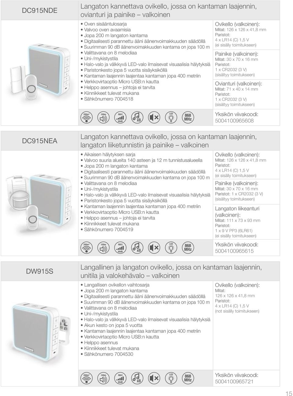 laajennin laajentaa kantaman jopa 400 metriin Verkkovirtaoptio Micro USB:n kautta Sähkönumero 7004518 Ovikello (valkoinen): 126 x 126 x 41,8 mm 4 x LR14 (C) 1,5 V (ei sisälly toimitukseen) Ovianturi