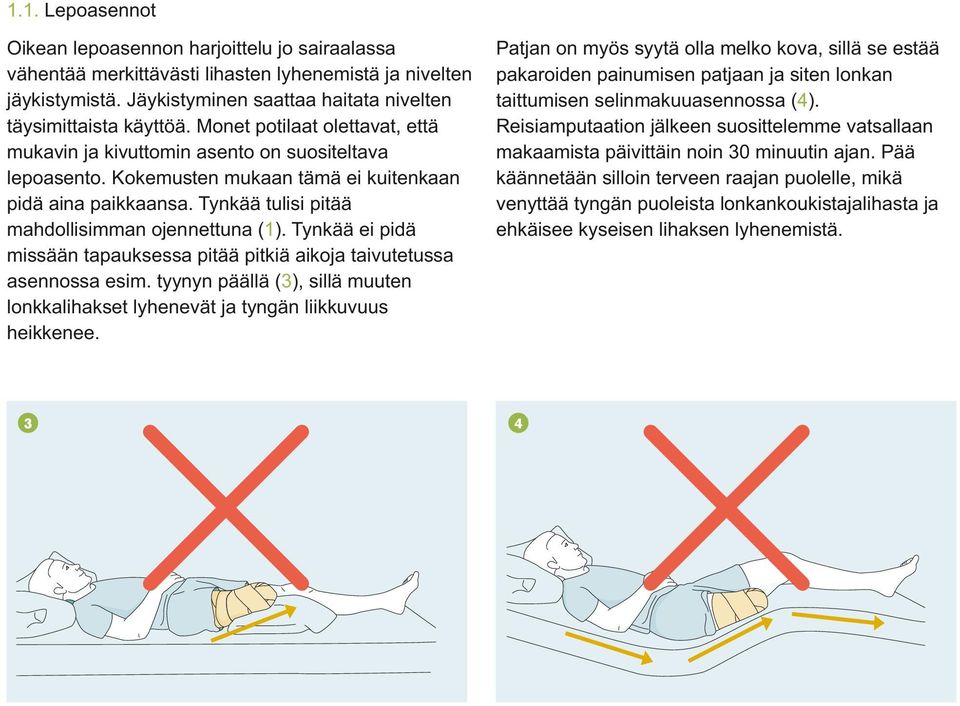 Tynkää ei pidä missään tapauksessa pitää pitkiä aikoja taivutetussa asennossa esim. tyynyn päällä (3), sillä muuten lonkkalihakset lyhenevät ja tyngän liikkuvuus heikkenee.