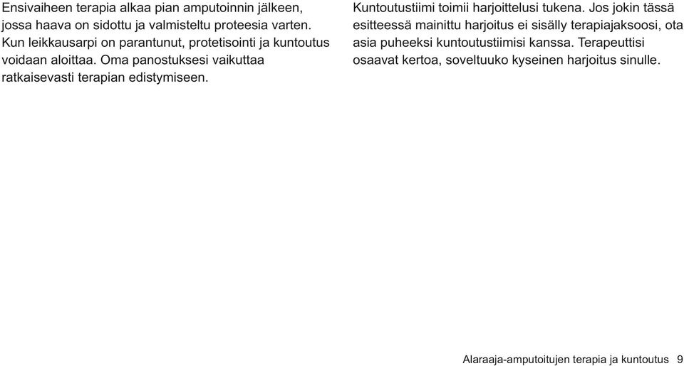 Oma panostuksesi vaikuttaa ratkaisevasti terapian edistymiseen. Kuntoutustiimi toimii harjoittelusi tukena.