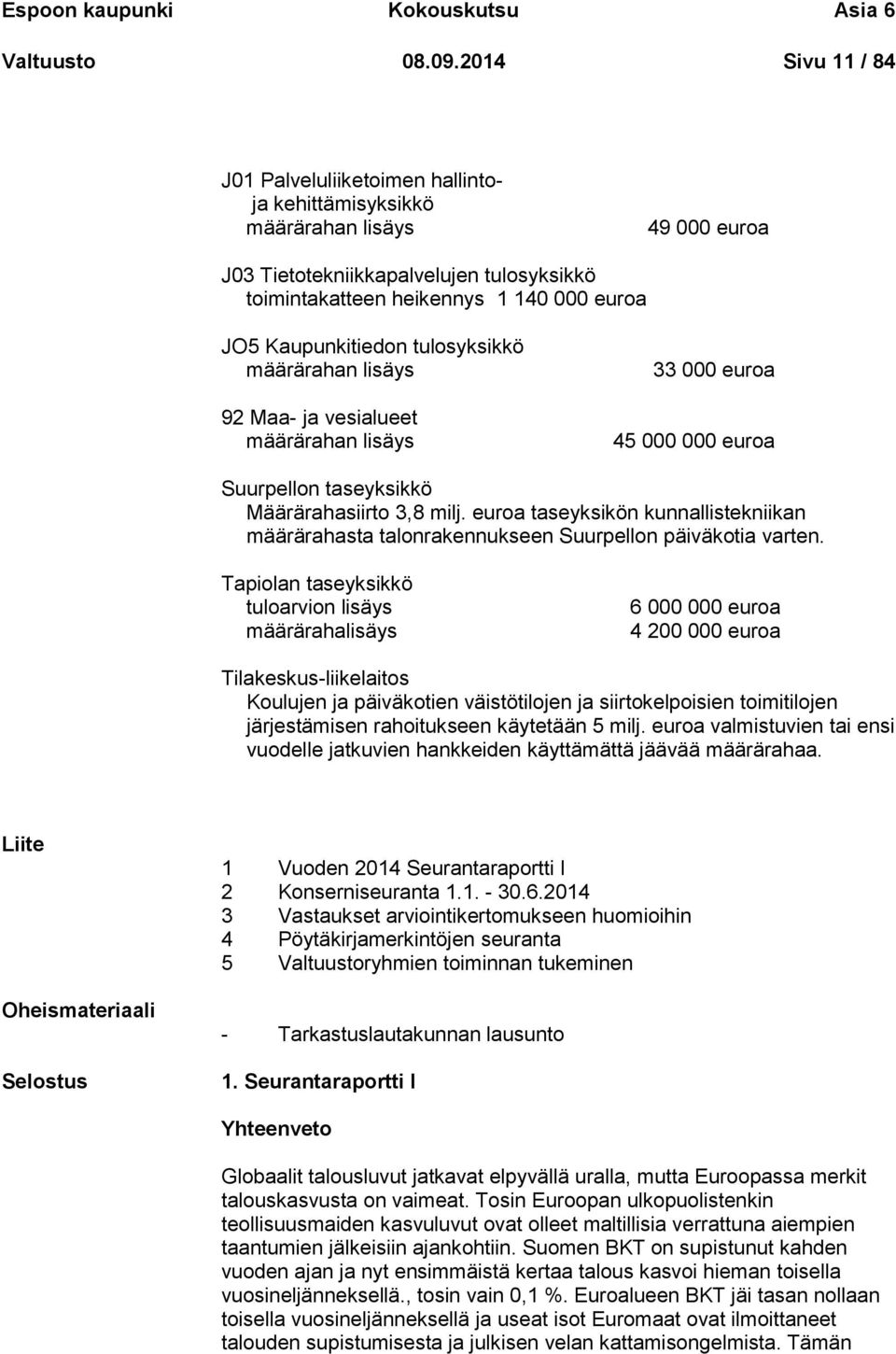 Kaupunkitiedon tulosyksikkö määrärahan lisäys 92 Maa- ja vesialueet määrärahan lisäys 33 000 euroa 45 000 000 euroa Suurpellon taseyksikkö Määrärahasiirto 3,8 milj.