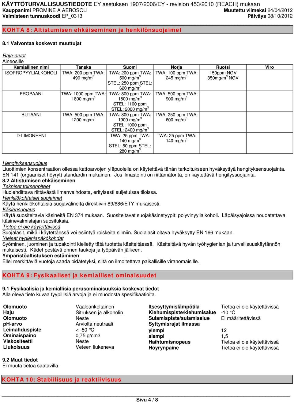 500 mg/m 3 STEL: 250 ppm STEL: 620 mg/m 3 TWA: 1000 ppm TWA: TWA: 800 ppm TWA: 1800 mg/m 3 1500 mg/m 3 STEL: 1100 ppm STEL: 2000 mg/m 3 TWA: 500 ppm TWA: TWA: 800 ppm TWA: 1200 mg/m 3 1900 mg/m 3