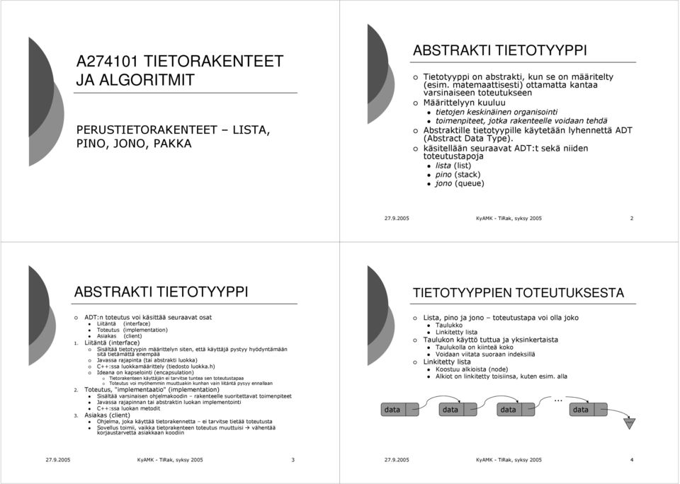 lyhennettä ADT (Abstract Data Type). käsitellään seuraavat ADT:t sekä niiden toteutustapoja lista (list) pino (stack) jono (queue) 27.9.